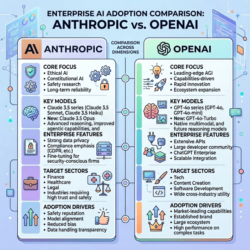 Enterprise AI adoption comparison chart of Anthropic versus OpenAI showing core focus, key models, enterprise features, target sectors, and adoption drivers