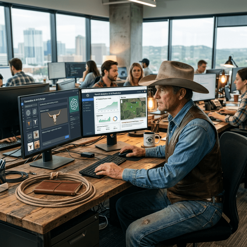 Rancher wearing a cowboy hat and vest working on dual computer monitors displaying AI-powered ranch analytics and generative art