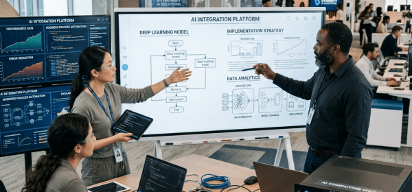 Team discussing AI integration platform with deep learning, implementation, and data analytics charts