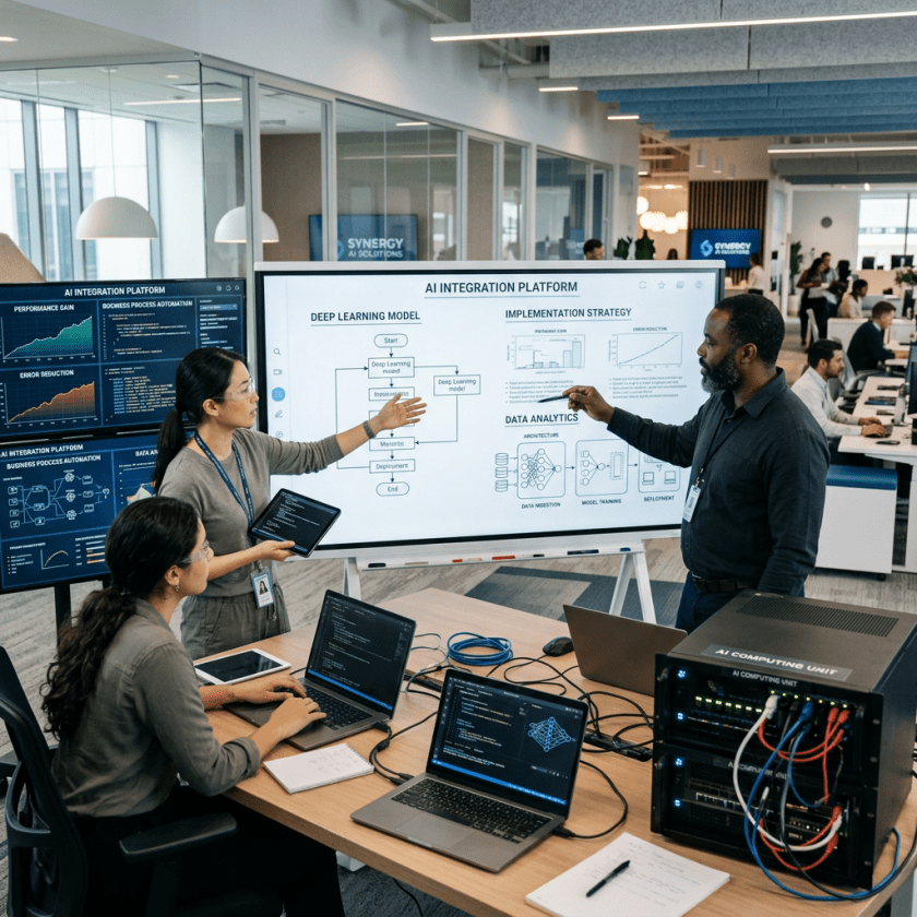Team discussing AI integration platform with deep learning, implementation, and data analytics charts