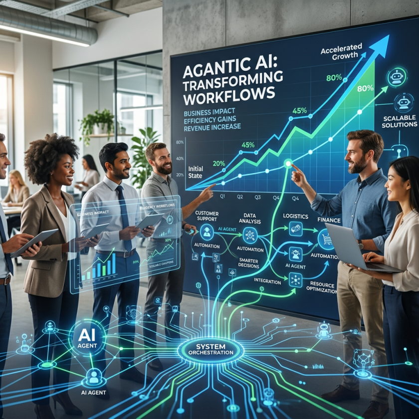 Business team reviewing AI-enhanced workflow transformation and growth charts