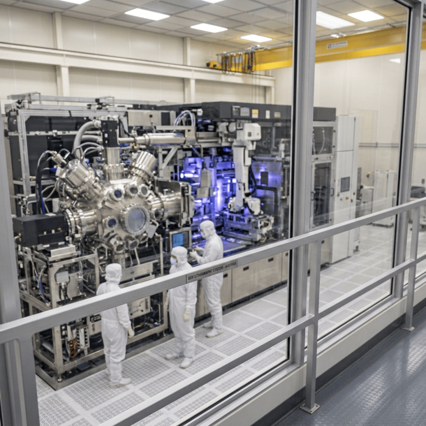Person observing three technicians in protective suits operating complex semiconductor machinery in a cleanroom