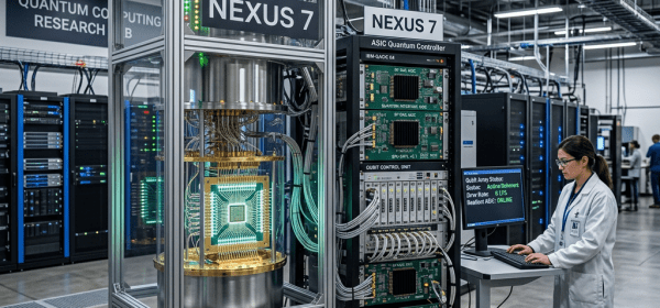 Nexus 7 quantum computer with ASIC quantum controller and scientist at computer