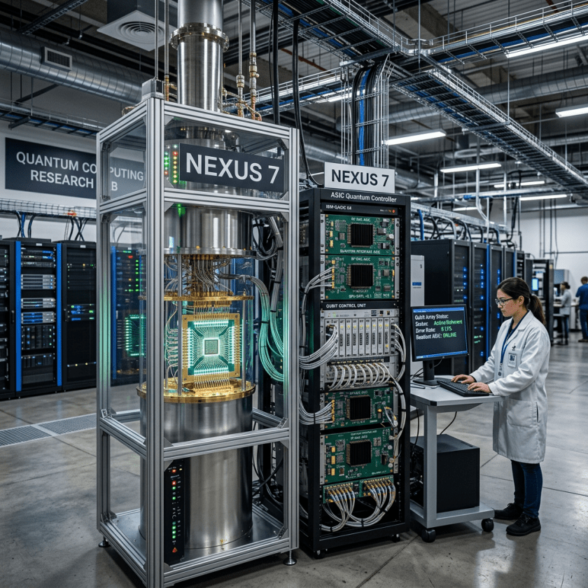 Nexus 7 quantum computer with ASIC quantum controller and scientist at computer