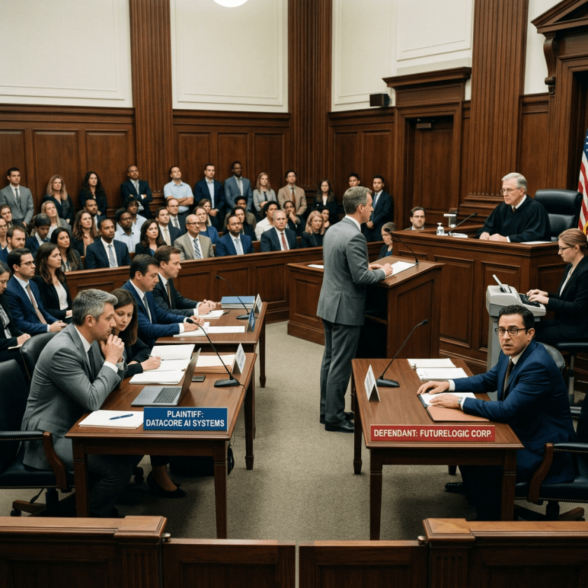 Courtroom with plaintiff and defendant legal teams, a judge, and an audience