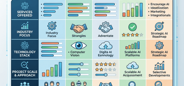 Comparison of AI consulting firms covering services offered, industry focus, technology stack, project scale, team composition, and client engagement model