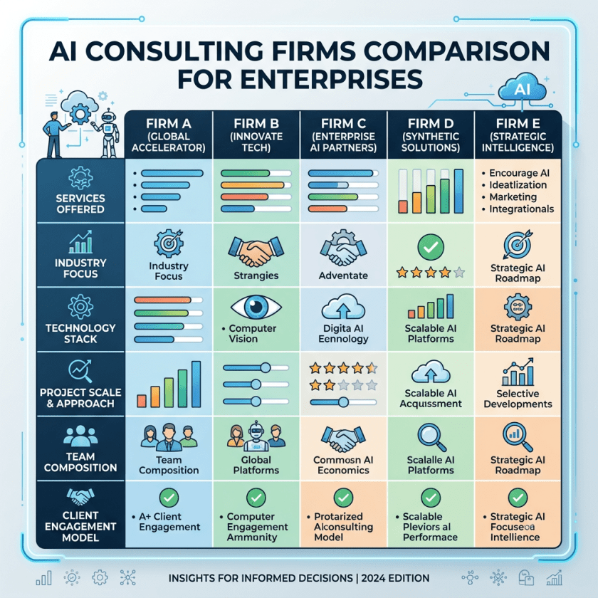 Comparison of AI consulting firms covering services offered, industry focus, technology stack, project scale, team composition, and client engagement model