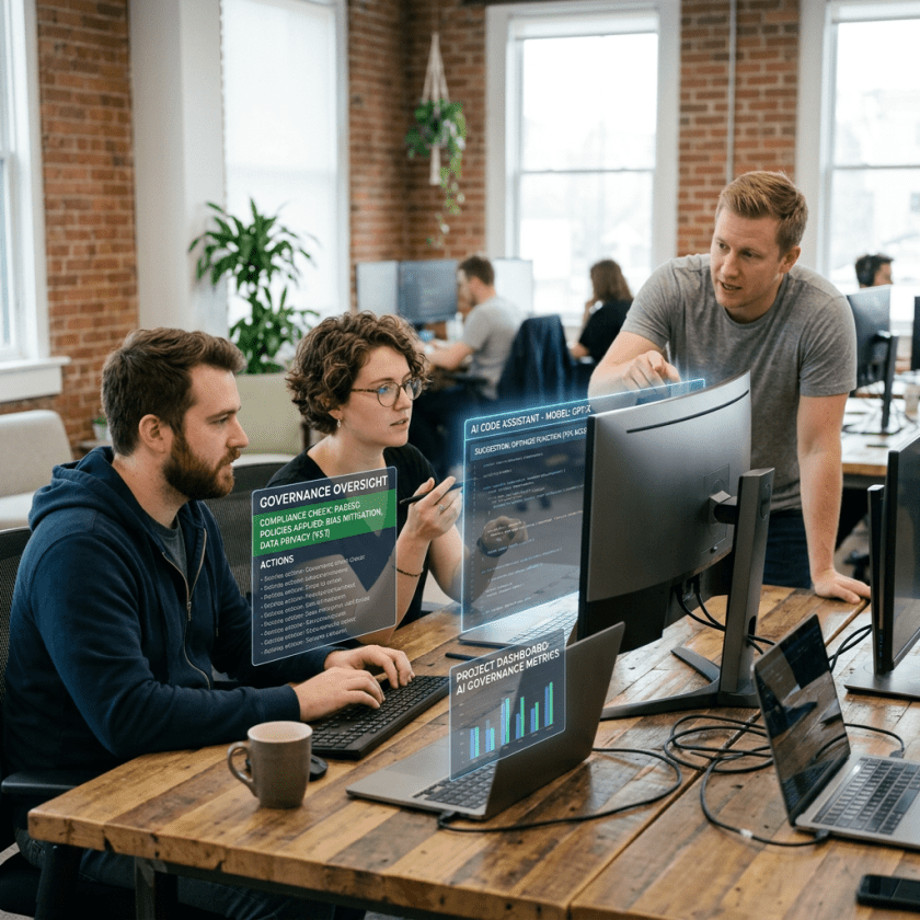Three colleagues discussing AI governance and code assistance with digital data overlays on computer screens