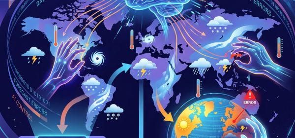Illustration of AI brain controlling global weather with data and hands adjusting climate factors