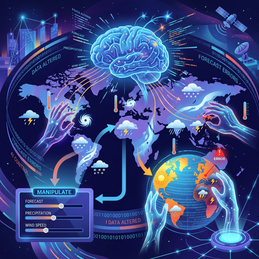 Illustration of AI brain controlling global weather with data and hands adjusting climate factors