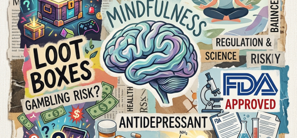 Illustration showing loot boxes gambling risk, mindfulness meditation, antidepressants, brain, and FDA regulation concepts.