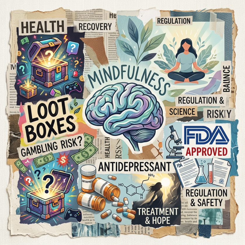 Illustration showing loot boxes gambling risk, mindfulness meditation, antidepressants, brain, and FDA regulation concepts.