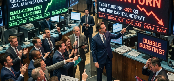 Stock traders discussing small-cap stock rise and AI sector investment decline