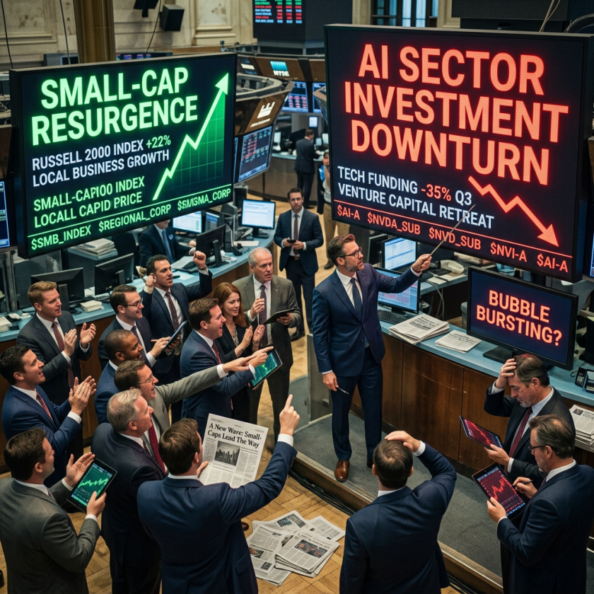 Stock traders discussing small-cap stock rise and AI sector investment decline