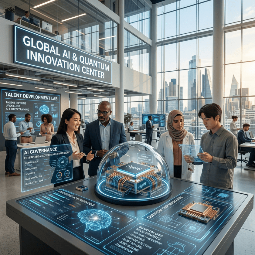Researchers discussing AI governance and quantum chip models in a modern innovation center with digital displays