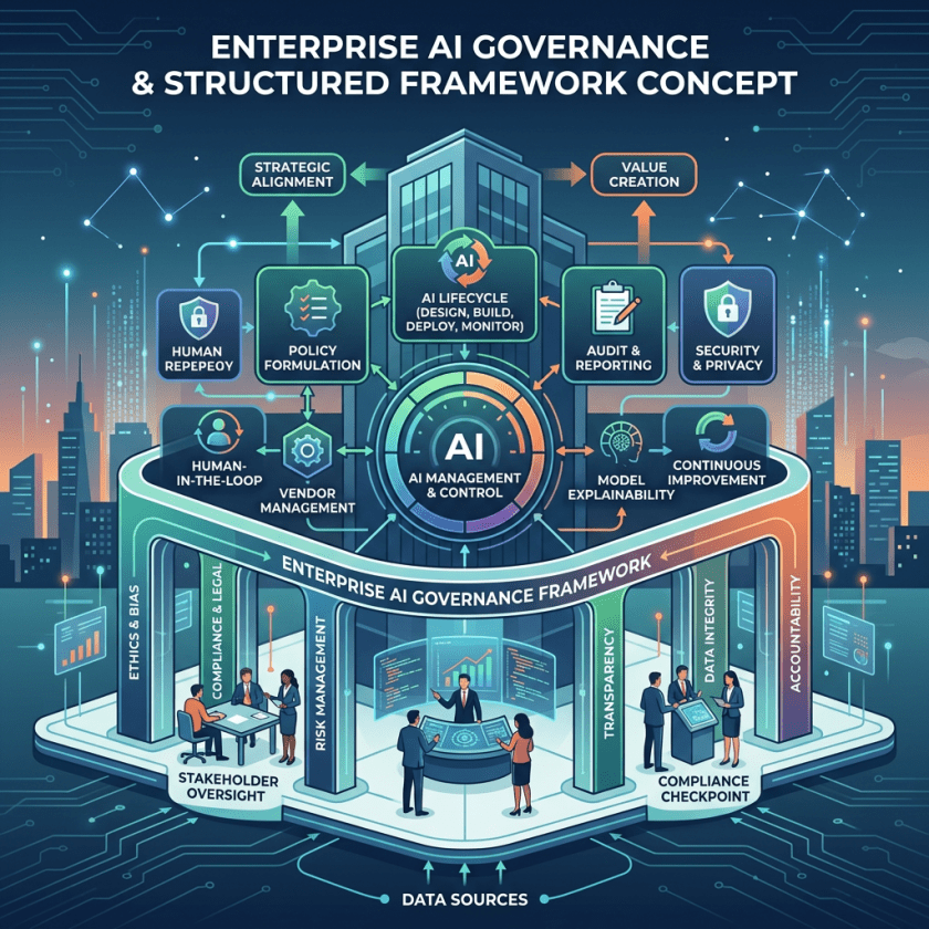 Diagram of enterprise AI governance framework showing AI lifecycle, management, policy formulation, audit, security, and stakeholder oversight elements.