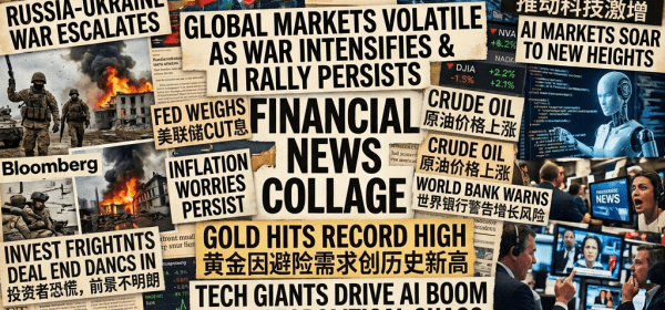 Collage of financial news headlines about war impacts, AI market growth, gold prices rising, and economic uncertainty