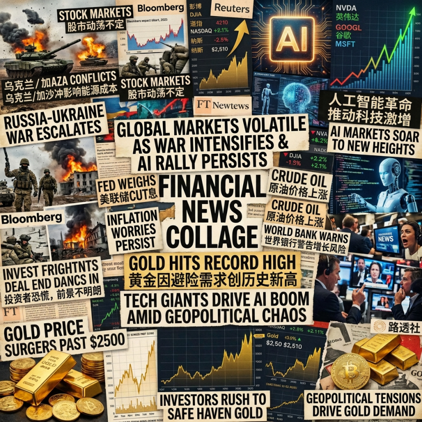 Collage of financial news headlines about war impacts, AI market growth, gold prices rising, and economic uncertainty