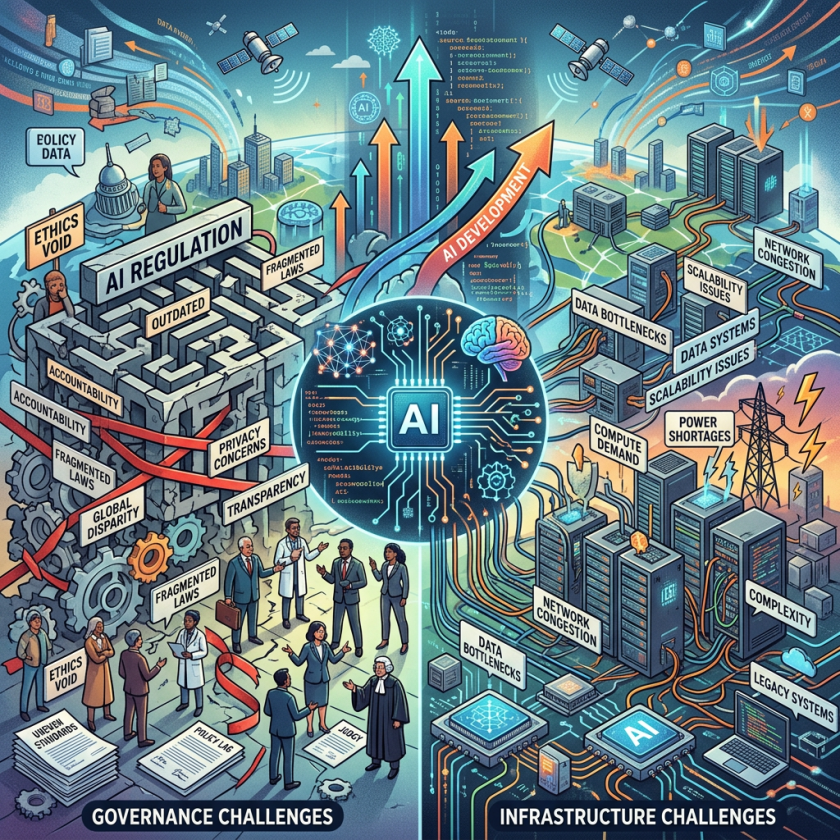 Diagram showing AI development surrounded by governance challenges on left and infrastructure challenges on right