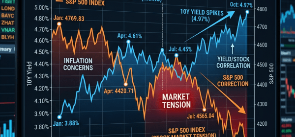Line chart comparing US 10-year Treasury yield rising trend and declining S&P 500 index from January to October 2024 with highlighted points for inflation concerns, market tension, and yield spikes.