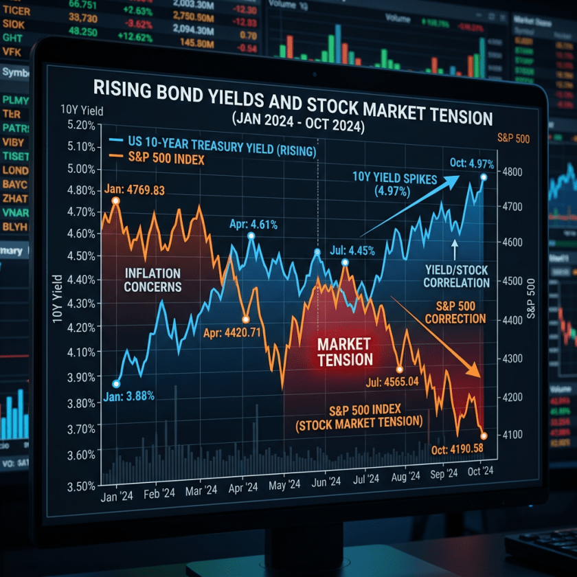 Line chart comparing US 10-year Treasury yield rising trend and declining S&P 500 index from January to October 2024 with highlighted points for inflation concerns, market tension, and yield spikes.