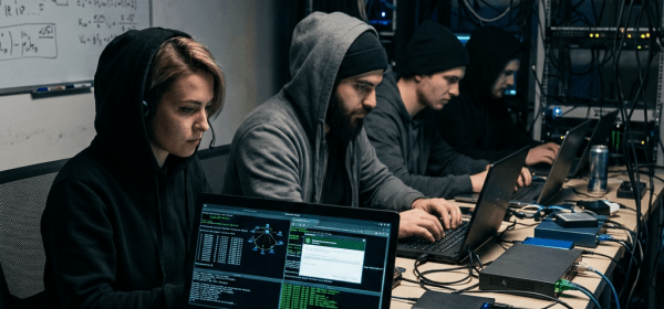 Four people in hoodies working on laptops in a server room