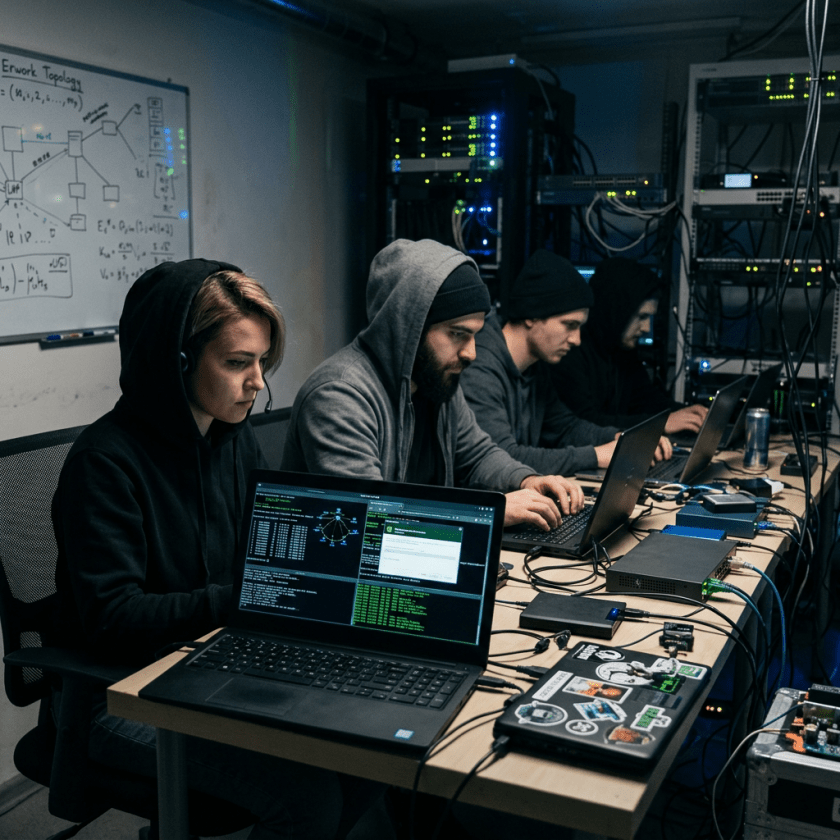 Four people in hoodies working on laptops in a server room