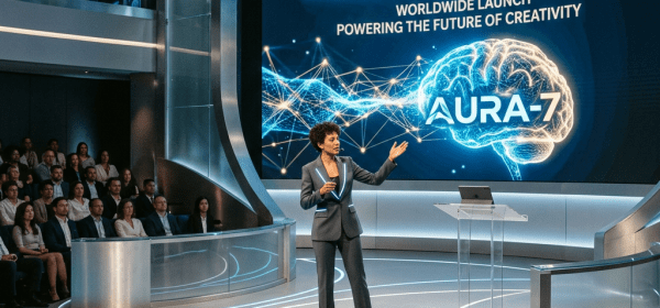 Presenter introduces Aura-7 AI at a launch event with audience and digital brain graphic