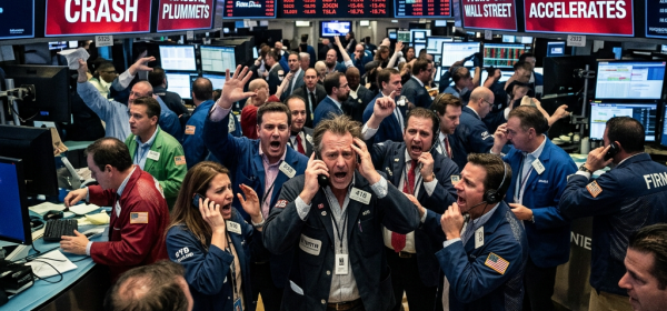 NYSE traders reacting to tech stock crash and market sell-off announcements during hectic trading session