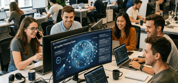 Group of software developers working together on laptops and large monitor displaying AI interface