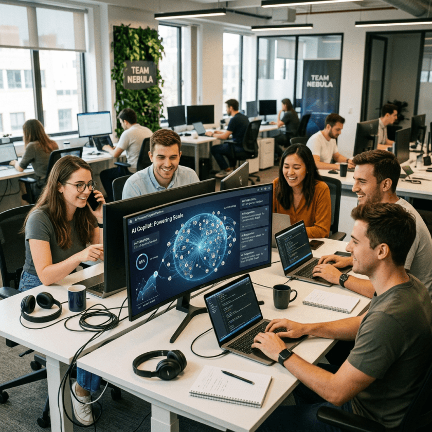 Group of software developers working together on laptops and large monitor displaying AI interface