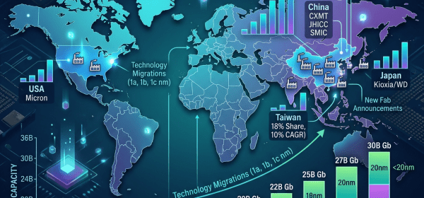 Global map with DRAM factory capacity growth 2018-2028, highlighting USA, South Korea, China, Taiwan, and Japan, with capacity bars and technology milestones.