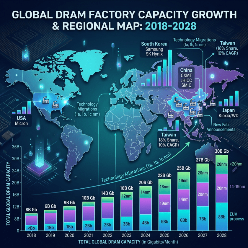 Global map with DRAM factory capacity growth 2018-2028, highlighting USA, South Korea, China, Taiwan, and Japan, with capacity bars and technology milestones.