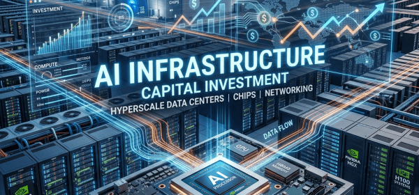 AI infrastructure with data center servers, AI processor chip, and investment data charts