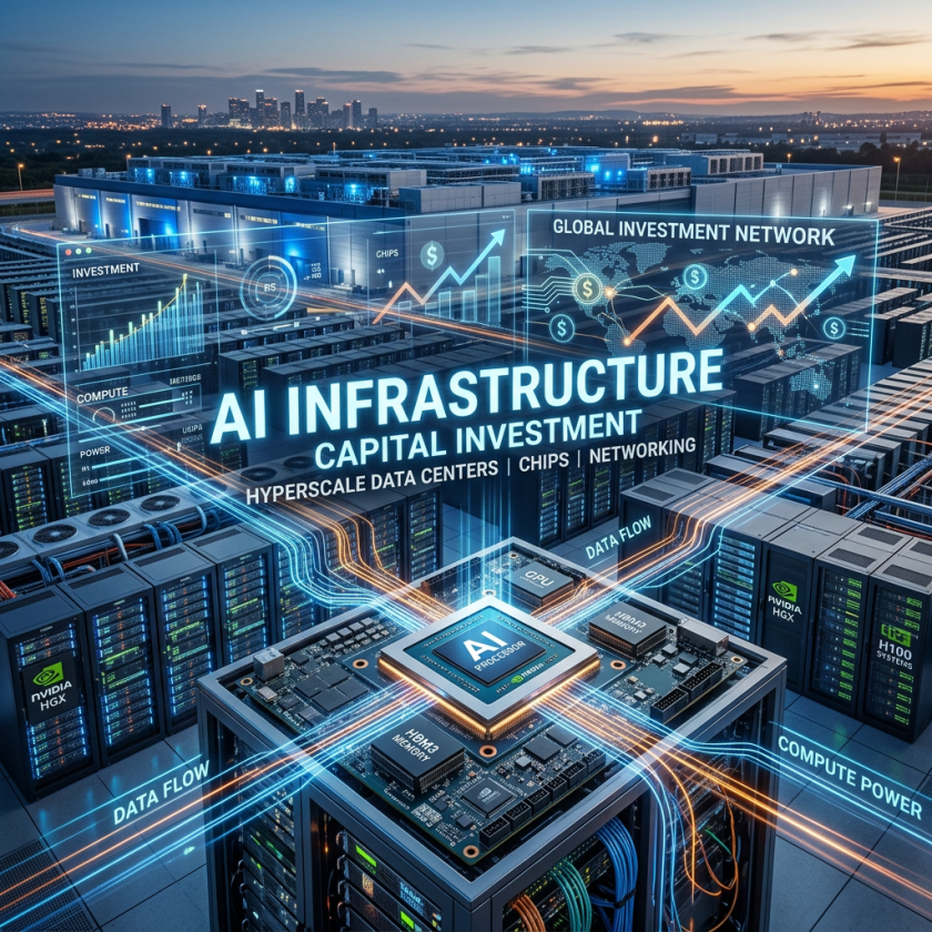 AI infrastructure with data center servers, AI processor chip, and investment data charts