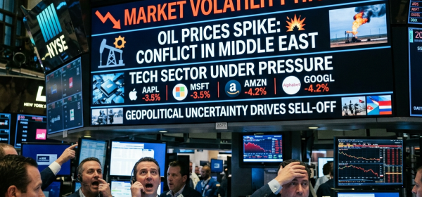 Stock traders reacting to market volatility and geopolitical uncertainty at NYSE