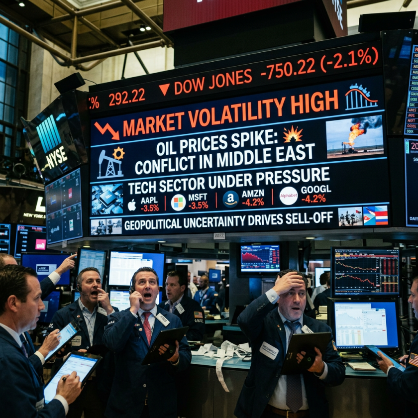 Stock traders reacting to market volatility and geopolitical uncertainty at NYSE