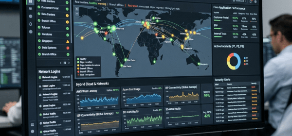 Global IT operations command center dashboard showing network status, infrastructure map, application performance, and security alerts