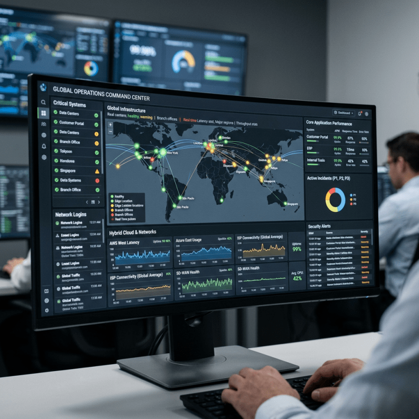 Global IT operations command center dashboard showing network status, infrastructure map, application performance, and security alerts