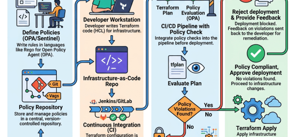 Workflow diagram showing Terraform policy-as-code governance lifecycle including policy authoring, code workflow, enforcement, deployment, and continuous monitoring