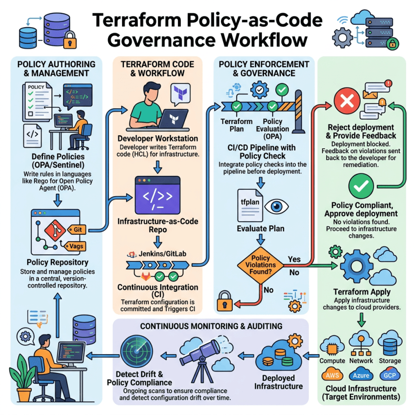 Workflow diagram showing Terraform policy-as-code governance lifecycle including policy authoring, code workflow, enforcement, deployment, and continuous monitoring