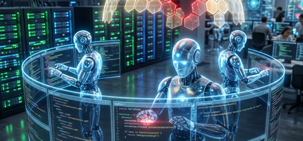 Three futuristic robots interacting with floating holographic code displays in a technology lab