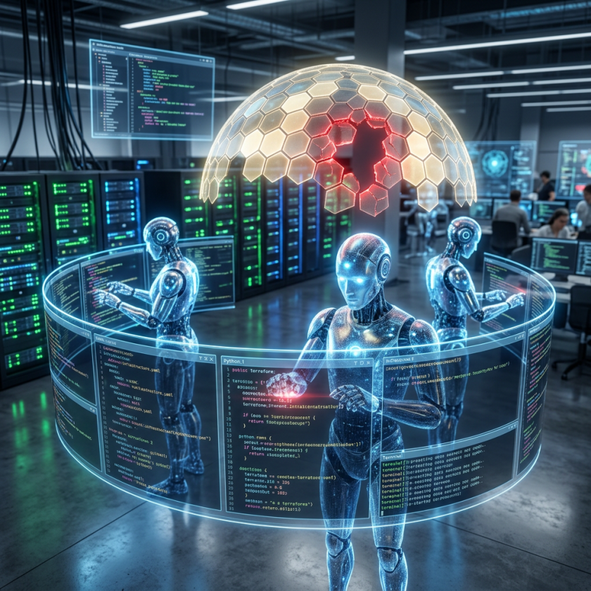 Three futuristic robots interacting with floating holographic code displays in a technology lab