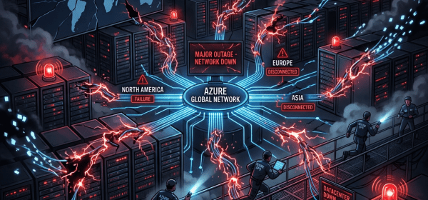 Diagram showing Azure global network outage with failures in North America, Europe, and Asia