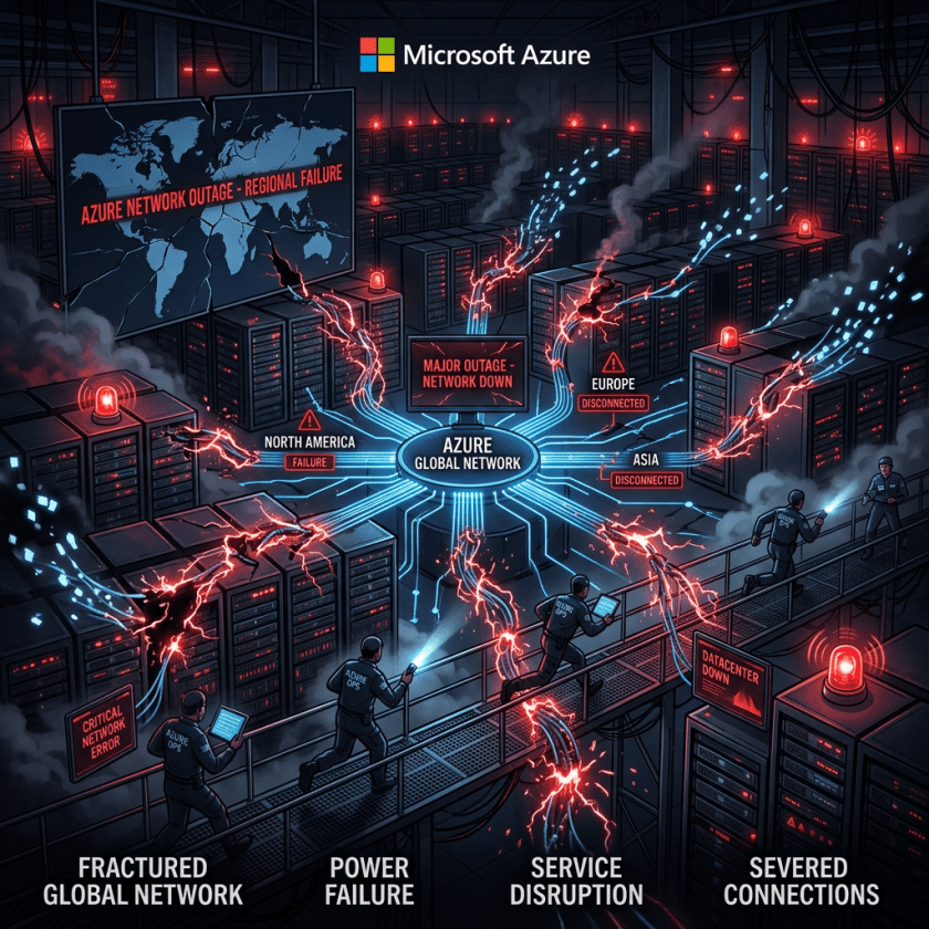 Diagram showing Azure global network outage with failures in North America, Europe, and Asia