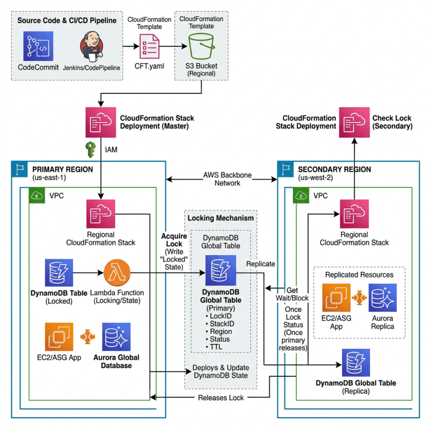 Architecture diagram of CloudFormation deployment across primary and secondary AWS regions using DynamoDB global tables for locking