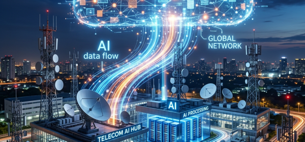 Telecom AI hub connected to cloud data flow and global network with 5G/6G infrastructure