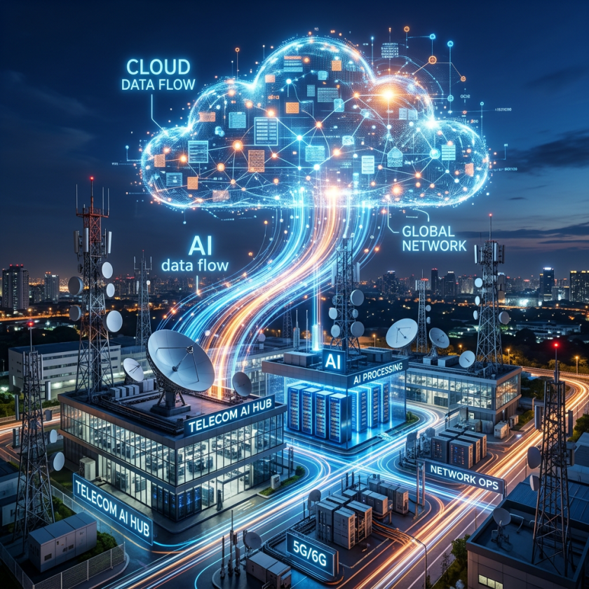 Telecom AI hub connected to cloud data flow and global network with 5G/6G infrastructure