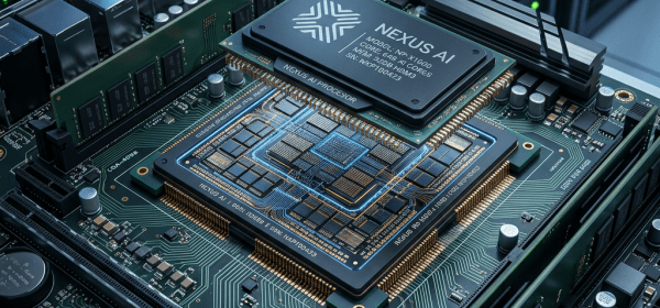 NEXUS AI processor mounted on a computer motherboard with RAM and connected cables