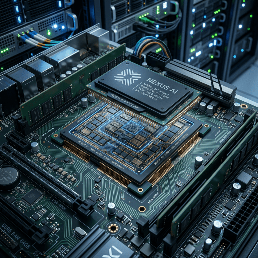 NEXUS AI processor mounted on a computer motherboard with RAM and connected cables